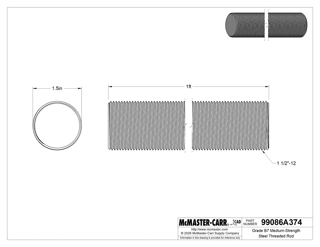 Technical Drawing of Grade B7 Medium-Strength Steel Threaded Rod, Zinc Yellow-Chromate Plated, 1-1/2"-12 Thread Size, 1 Foot Long.